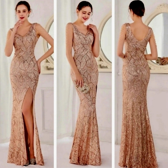 Rose Gold, V Neck, Backless,  Sleeveless,  Rhinestones,  Sequined Mermai… - Picture 1 of 15